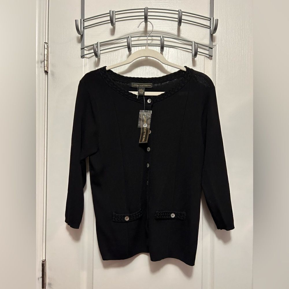 Linda Matthews Button down Black Cardigan sweater Women’s‎ Large classic NWT